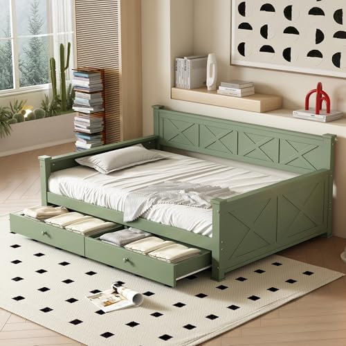 Merax Schlafsofa 90x200 Tagesbett mit Stauraum, Funktionsbett mit 2 Schubladen, Bettrahmen mit Lattenrost (ohne Matratze), Schlafcouch für Wohnzimmer/Schlafzimmer/Gästezimmer, Grün