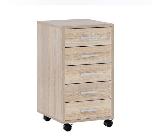 KADIMA DESIGN Sonoma - Meuble de bureau à roulettes - 33 x 63 x 38 cm - En bois - Commode de bureau avec 5 tiroirs - Conteneur à roulettes - Petit conteneur étroit