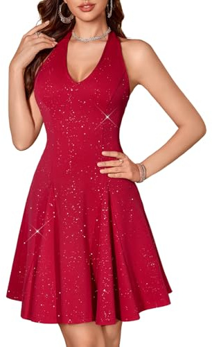 HomRain Robe de cocktail à paillettes avec col en V pour femme 2025 - Dos nu - Robe de soirée à paillettes