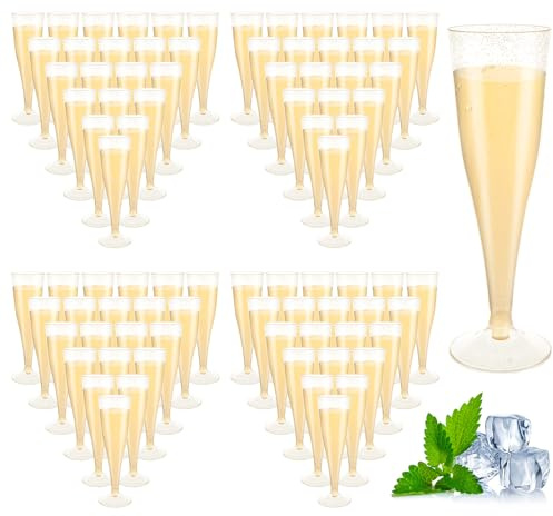 AKOLAFE 100 stycken champagneglas plast 160 ml återanvändbara med guldglitter BPA-fritt transparent stapelbara rosa för bröllop