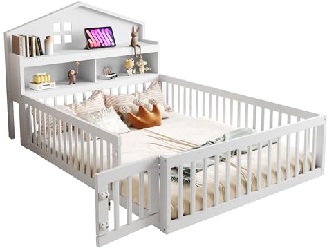 Goldicoo Montessori Lit de sol 140 x 200 cm - Lit pour enfant en bois avec protection anti-chute, sommier à lattes et étagère, lit à barreaux avec porte