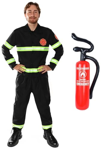 Brandmanskostym för vuxna – uppblåsbar brandsläckare 170 cm och brandmansuniform med reflekterande detaljer för maskeraddräkt, rolig svensexa, halloween- och rollspel