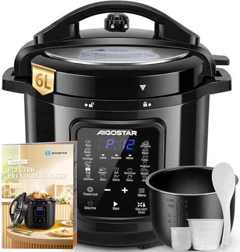 Aigostar Pentola a Pressione Elettrica 6L 1000W, 18 Programmi Automatici, 3 Livelli di Pressione Regolabili, 24H Timer, Funzione Mantieni Caldo, Display LED, Interno Antiaderente, Nero