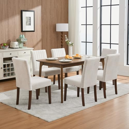 Garvee Upholstered Dining Chairs Set of 6, Button Tufted Parsons Chairs with Wood Legs and Padded Seat, Modern Fabric Side Chairs for Dining Room Kitchen Farmhouse Hotel, Beige