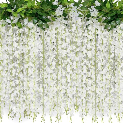 Novastream 2 Pack 20 Branches Wisteria Hanging Flowers 6 Feet Artificial White Wisteria Vine Silk Flowers Garland for Ceremony Home Garden Wedding Party Decoration(White)