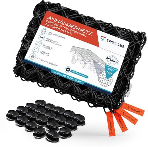 TRIBURG Anhängernetz Elastisch 1x2m bis 2x3m inkl. 20x Rundknöpfe - Anhängernetz inkl. Planenknöpfe für Anhänger