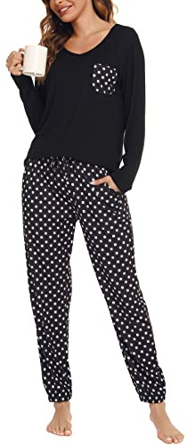 Lovasy Pigiama Donna Manica Lunga Cotone Pantaloni Lunghi Casual Scollo a V Top con Motivo a Pois Carino con Tasca Due Pezzi Nero,S