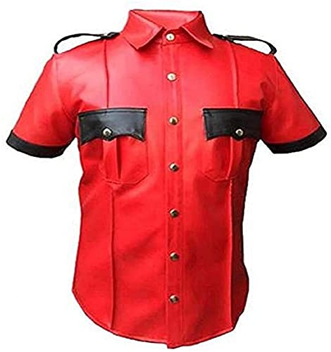 UbAli Vera Pelle Mens Camicia Mucca Pecora Polizia Reale Uniforme Mezza Manica Camicia BLUF Gay Mans Camicia Calda Pelle di Agnello, Rosso - Pelle di pecora, M