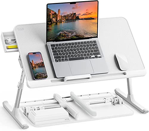 Laptop Bed Table, SAIJI 100% Eco-friendly wooden planks, Laptop Stand with Drawer, Folding Legs, 40kg Load, Angle Height Adjustable, Reading, Eating on Bed, Sofa, Laptop Lap Desk (White 23.6*12.6in)