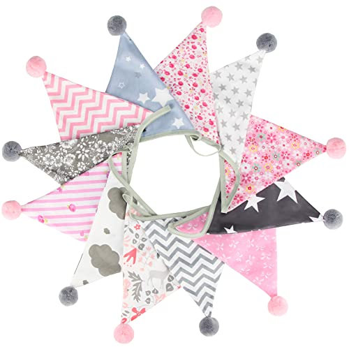 G2PLUS Geometrische Muster Wimpelkette mit Poms: 4M Rosa und Grau Stoff Wimpel mit 12 STK Wimpeln, Geometrische Blumen Girlande für Geburtstag, Kinderzimmer, Prinzessinnenzimmer, Party