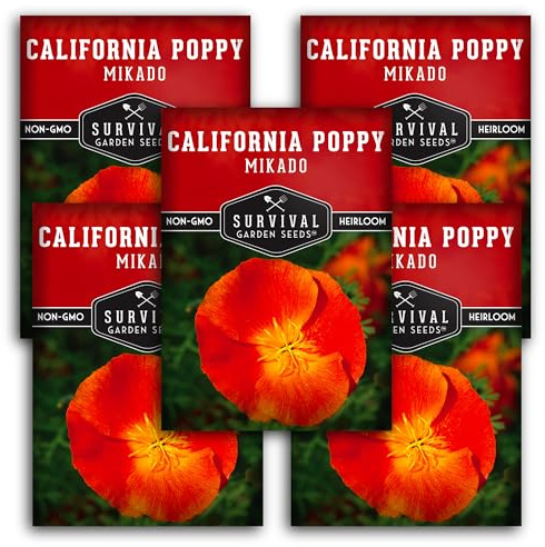Survival Garden Seeds 5 Packs Mikado California Poppy for Planting - Seed Packet with Instructions to Grow Red Poppies in Your Home Vegetable Garden - Non-GMO Heirloom Variety