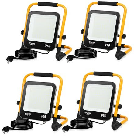 Randaco LED Baustrahler, 4x100W 10000LM Tragbar LED Arbeitsleuchte Baustrahler 6000K Kaltweiß Bauscheinwerfer, IP66 Wasserdicht mit 3M Kabel und Faltbarer Ständer, für Baustelle (mit Stecker)