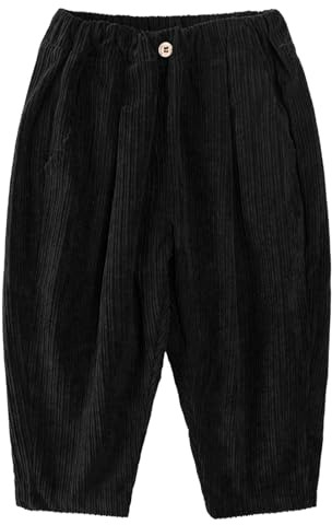 Volunboy Sólido Suelto Pierna Recta Palazzo Pantalones de Pana para Niños 2-7 Años, Casual Cintura Elástica con 3 Bolsillos(Negro,4-5 años,Tamaño 110)