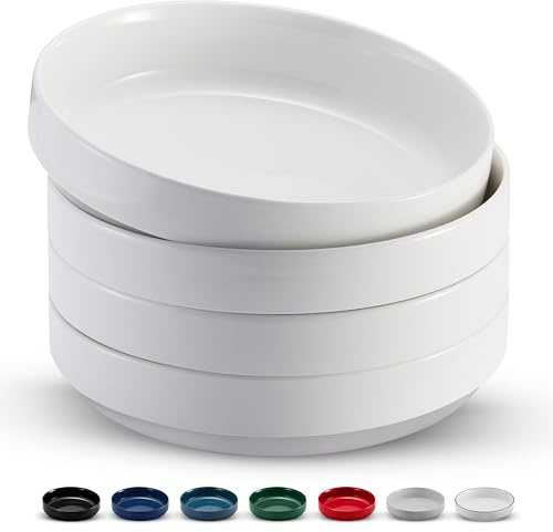 KooK Pasta Bowl, Bowl Plate, Low Bowl, Plate Bowls, Ceramic Large Shallow Bowls, Microwave and Dishwasher Safe, Great for Soups and Salads, Glossy Porcelain, 47 oz, Set of 4, White