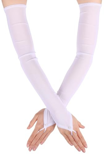 White Fingerless Gloves for Women Long White Gloves with Rhinestone Sheer Mesh Arm Glove Long Tulle Glove Fingerless Arm Sleeves for Women Wedding Bridal Opera Prom Party Halloween Costume