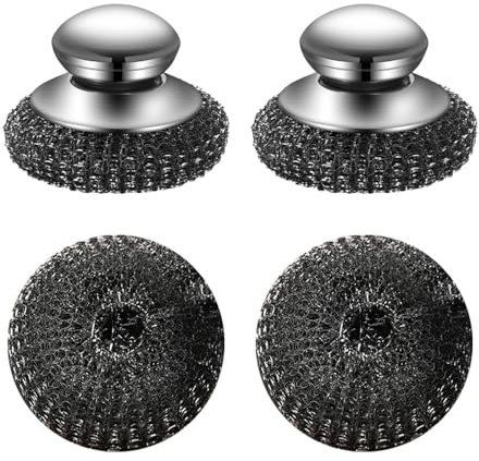 Edelstahl Wäscher Topfkratzer, 2 Stück Stahlwolle Schrubber, Reinigungsbürste mit Griff und 2 Ersatzdrahtbällen zum Reinigen von Geschirr, Suppentöpfen aus Gusseisen, Pfannen, Grillplatten und Grills