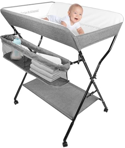 Table a Langer Pliante, Table à Langer Réglable en Hauteur avec Panier de Rangement, Ceinture de Sécurité et 4 Roues avec Frein,PVC imperméable et tissu Oxford (81 * 61 * 98-104cm,gris)