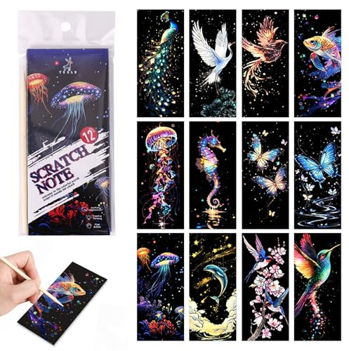 QINXUANGE 12 PCS Animal World Rainbow Scratch Art Bookmarks Set with Wooden Stylus – Unisex Scratch Art Kit, No Paint or Brushes Needed, Arts & Crafts for Creativity & Relaxation