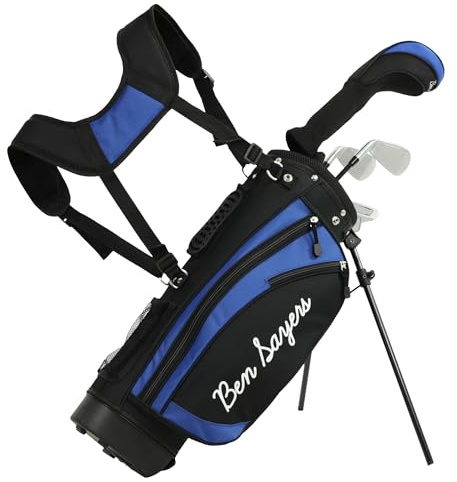 Ben Sayers Junior Stand Bag Golf Package Set | Kids Starter with 4 Clubs | Lightweight Graphite Shafts & Soft Grips | Oversize Driver, Irons, Putter, Bag & Headcovers (Black/Blue, 5-8 years)