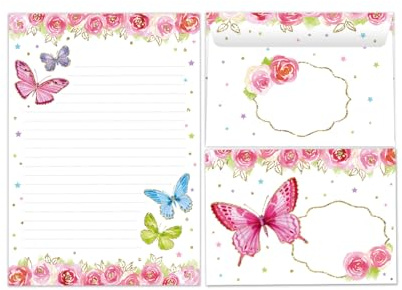 Briefpapier-Set Briefblock mit Umschlag für Mädchen Kinder Schmetterlinge Tiere Kindermotiv Briefbögenblock liniert (Block A5 mit 25 Blätter + 15 Umschläge)