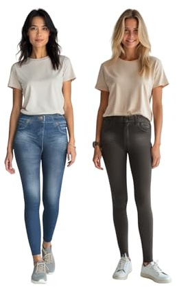 ShopINess Lot de 2 Jeggings Slim Leggings à Coupe Ajustée pour Femme Style Jean Bleu et Noir sans Coutures (L-XL)