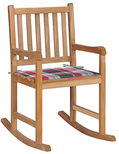 Frdhee Chaise de fête - Banc à bascule - Avec coussin à carreaux rouges - En teck massif - Pour pelouse, cour, véranda, espace de travail et entrée