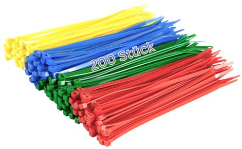 Gocableties Kabelbinder 200 mm x 4.8 mm, hochwertig, stabil, Nylon, Rot, Grün, Blau und Gelb, 200 Stück, mehrfarbig
