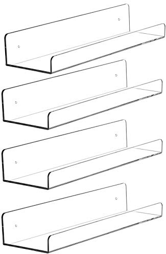 4 Pcak Clear Acrylic Shelves for Bedroom,Room,15 Inch Bathroom Wall Shelf & Organizer,Invisible Floating Shelves & Wall Storage for Collectibles Perfume Shelf,Record,Funko Pop,Lego Display,Bookshelf