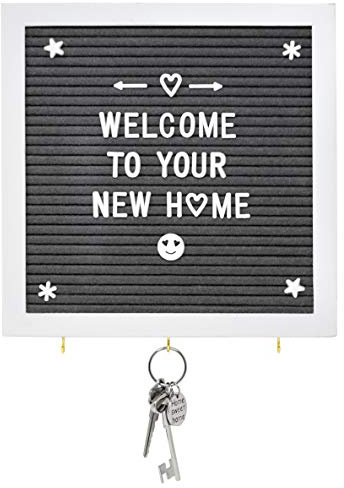 Grey Felt Letter Board with Key Hooks - 10 x 10 White Frame - Use White Wood Stand or Hang on Wall and Use Hooks for Key Holder (Grey Felt/White Frame)