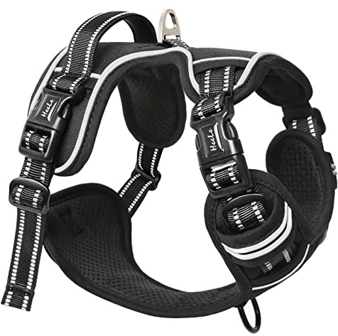 HEELE Harnais Chien, Harnais pour Chien Anti Traction Réfléchissant Harnais avec Poignée Rembourrée, 1 Boucle sur la Sangle Droite de Cou Rendent Facile à Mettre et à Enlever, Noir, L
