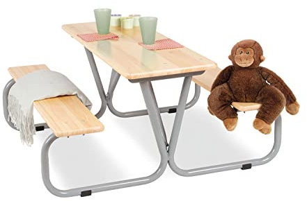 PINOLINO Michel Kindersitzgarnitur - Kinder Sitzgruppe - Kindertisch mit 2 Bänken & 1 Tisch - Kindersitzgarnitur aus Holz - Picknicktisch - Sitzgruppe für Kinder ab 3 Jahre, Grau