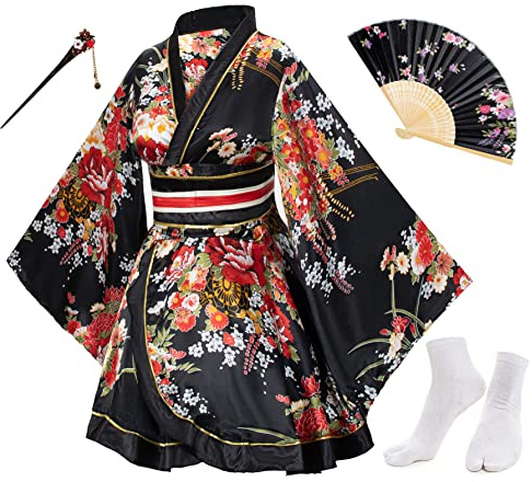 Elibelle Japanese Anime Women's Dance Robe Kimono Fancy Dress Yukata Silk Folding Fans Tabi Hairstick Socks set Black Large