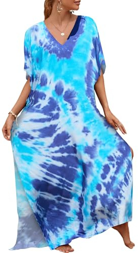 Bsubseach Plage ColoréE Cover Up Robe Kaftan Loose Manches Courtes Maillot De Bain Coverup Pour Femmes Blue Tie Dye