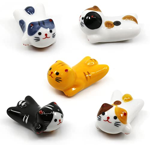 5 Pack Cat Chopsticks Rest Set, Japanese Style Porcelain Cute Lucky Cat Ceramic Chopsticks Holder Rack for Dinner Spoon Fork Knife Tableware, Chinese Paint Brush Rests, Decoration Home Kitchen Gift