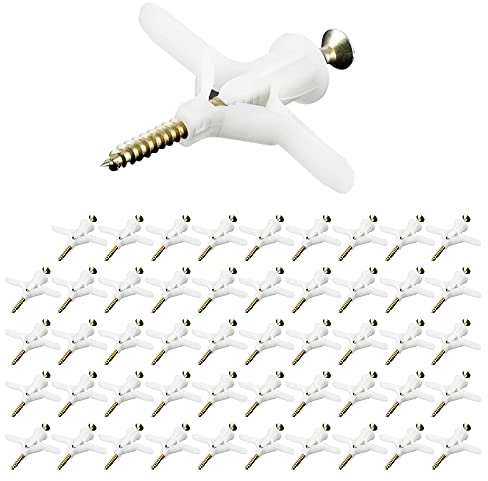 VOANZO Confezione da 100 tasselli per cartongesso Set di 50 tasselli per cartongesso con 50 Viti in Acciaio Inox Vite a Spirale Vite ad espansione Tassello per cartongesso per cartongesso (Bianco)