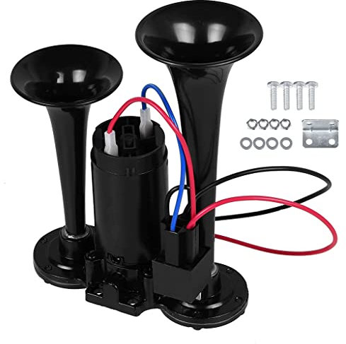 12V Kompressor Fanfare 300dB Druckluft Horn Hupe, Doppelrohr-Elektropumpe mit Metallverbund Lufthorn für alle 12V Fahrzeuge LKW Züge Boote Cars Vans