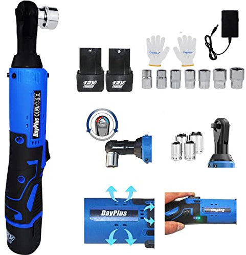 Electric Cordless Right Ratchet 3/8'' 90° Angle Wrench with LED Work Light +7pcs Sockets Set, 40N.m Torque 12V Power Ratchet Wrenches Set with 2pcs 1500mAh Li-Ion Batteries and 1pcs Fast Charger