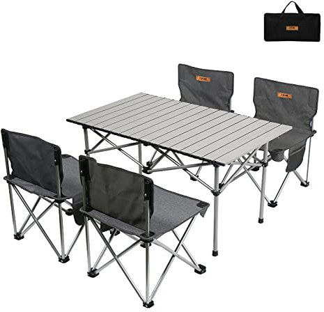 Nbziyoo Camping Klapptisch und Stühle, Aluminiumlegierung Eierrollentisch mit einfacher Tragetasche für Innen, Outdoor, Camping, Picknick, Hinterhof, Set 5-teilig und Tisch für 4 Person,Titangrau
