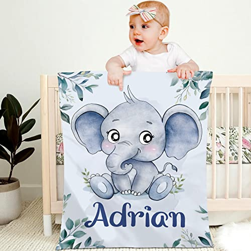 Papasgix Coperta personalizzata con nome, 90x120 cm, plaid per bambini e bambine, morbido e confortevole, regalo (elefante blu)