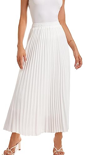 TEERFU Womens Elastic High Waist Flowy Pleated Skirt Chiffon Swing A-line Beach Maxi Skirt White