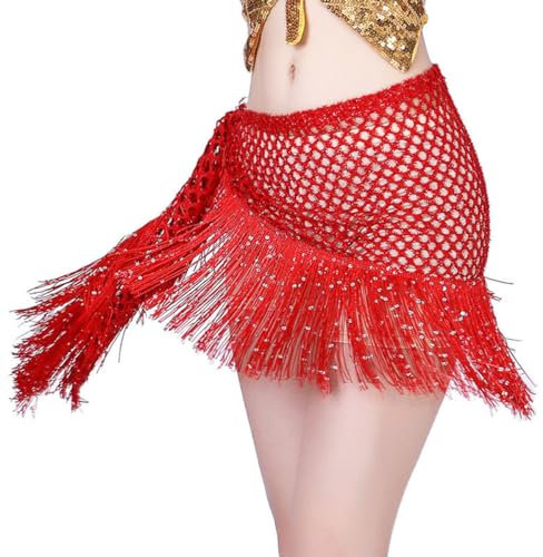 SamHeng Bufanda de Cadera para Danza del Vientre para Mujeres, Brillante Ahuecar Lentejuelas Falda de Belly Dance, Baile Oriental Cinturón de Cadera con Flecos para Actuación Fiesta Rave (Rojo)
