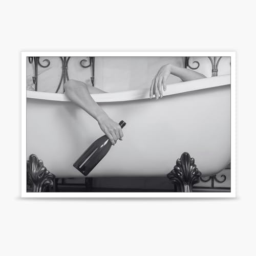 Dcvjiy Retro Woman Holds Champagne Poster In A Bathtub Black And White Glam Bathroom Canvas Wall Art Woman Champagne Bubble Bath Prints For Home Bedroom Bathroom Bar Wall Decor 16X24in Unframed