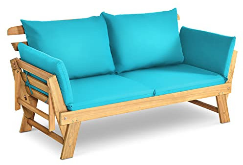 KOMFOTTEU Gartenbank aus Akazienholz, Liegestuhl mit Auflage, Sonnenliege mit Beiden Seiten verstellbar, Multifunktionsbank für Garten, Terrasse & Balkon (Türkis)