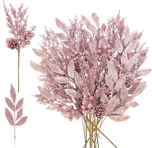 Winlyn 24 Pcs Christmas Artificial Leaf Sprays Pine Needles Pinecone Berries Stems Rose Gold Glittered Christmas Decoration Picks 12.2- 14.2 Tall for Rose Gold Christmas Tree Wreaths Holiday Wedding