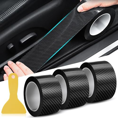 Car Door Sill Protector, 3 Rolls Carbon Fibre Tape, 5 cm x 10 m Carbon Fibre Vinyl Wrap, Self Adhesive Car SillProtectors Strips with Scraper, Sill Protector Strips Kick Plates for car/SUV/Truck