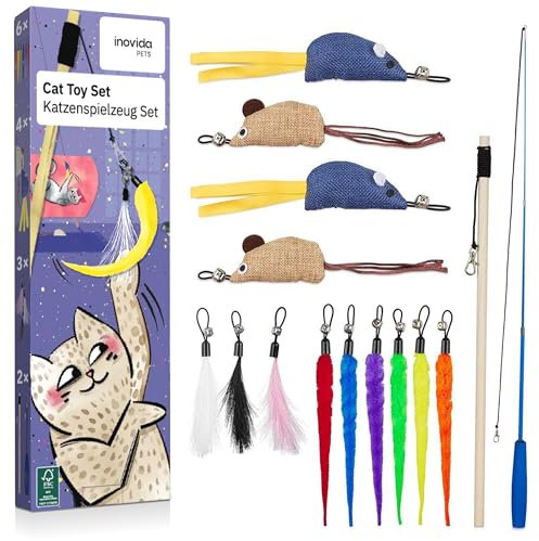 Inovida Katzenspielzeug Set : XL 15 Teile Katzenspielzeug mit Katzenminze – Veganes Spielzeug für Katzen mit Katzenangel, Federn, Maus, Würmern – Kitten Spielzeug Set Katzen Gadgets