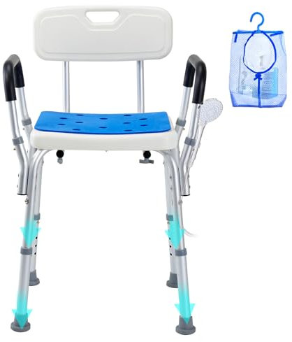 VEVOR Silla de Ducha Antideslizante Asiento de Ducha Carga de 181,4 kg con Respaldo Reposabrazos Silla de Baño Altura Ajustable para Bañera de Ducha Interior para Ancianos, Mujeres Embarazadas