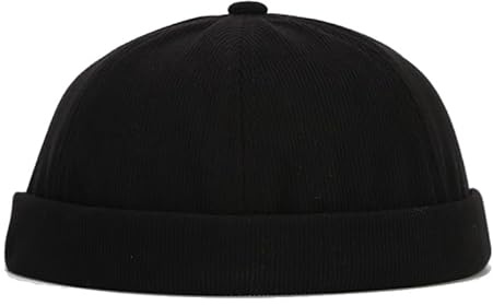 Unisex Docker Cap Mössor, Mjuk Bomull Skullcap Mössa, Brättlös Arbetare Sjöman Keps, Justerbar Retro Rullad Manschett, Kardborreband - Svart, one size