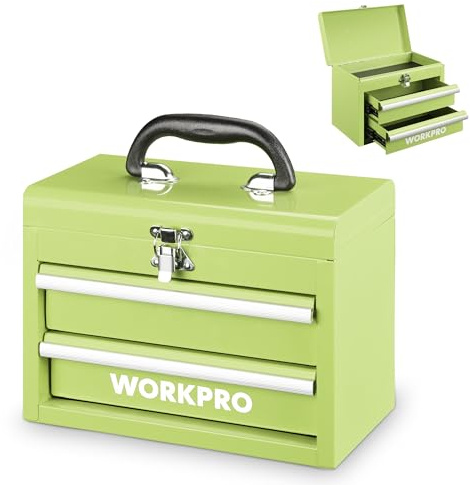WORKPRO Boîte à Outils Métallique Portable à 2 Tiroirs, Mini Coffret avec Compartiment Supérieur, Glissières à Roulement à Billes, Poignée Ergonomique, Revêtement PVC et Patins Antidérapants