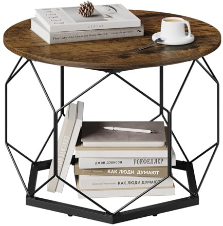 WOLTU Couchtisch rund, Wohnzimmertisch mit Stauraum, Beistelltisch Sofatisch Kaffeetisch, aus Metall MDF, Schwarz+rustikales Braun, BTS27vbn